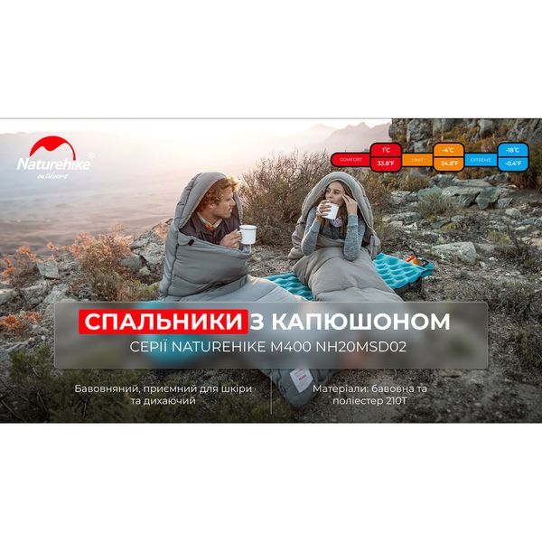 Спальник з капюшоном Naturehike M400 NH20MSD02, (1°C), лівий, сірий 65076 фото