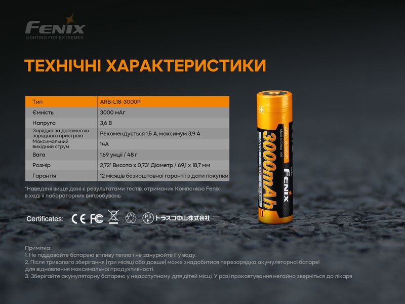 Акумулятор 18650 Fenix (3000 mAh) 61339 фото