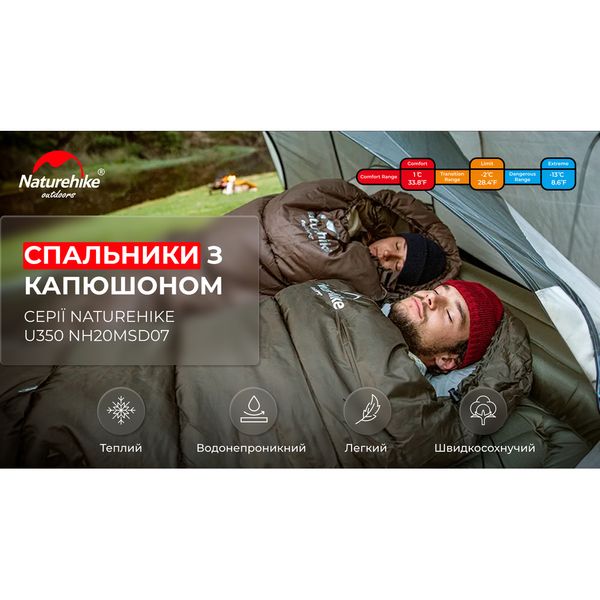 Спальник з капюшоном Naturehike U350 NH20MSD07, (1°C), лівий, зелений 58143 фото