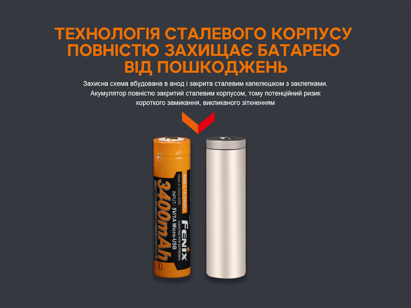 Акумулятор 18650 Fenix (3400 mAh) micro usb зарядка 63320 фото